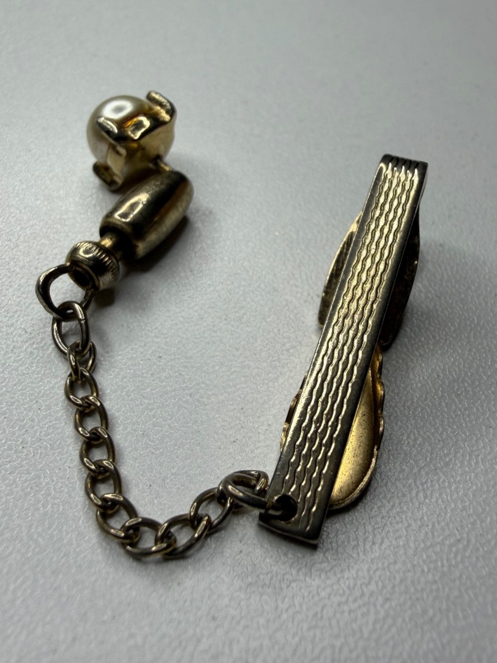 Vintage Gold Tone Hickok USA Tie Clip with Chain & Faux Pearl Drop 3.5"
